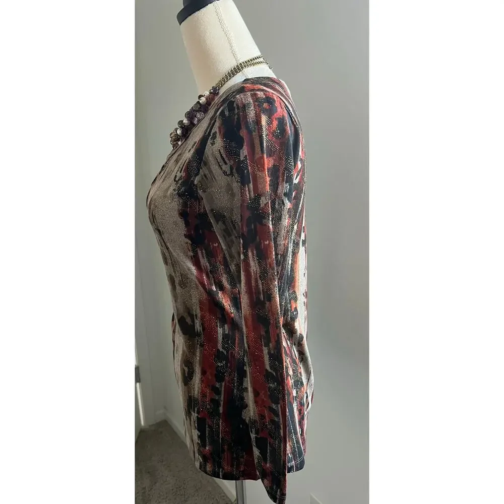 Susan‎ Lawrence Pullover Multicolor Brown Faux Leather Buckle Wrap Top Sweater S